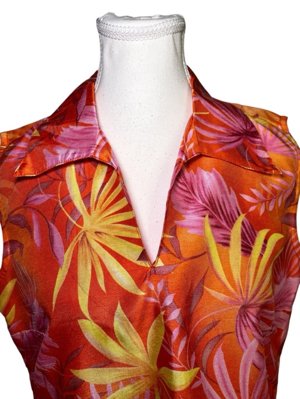 Selene Sport Tropical Orange & Pink Leaf Print Sleeveless Retro Y2K Midi Dress - Picture 4 of 15